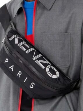 Kenzo Black Logo Belt Bag with White Paris Print